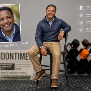 May include: A custom figurine of a man in a blue jacket and tan pants, seated on a black chair. The image includes a framed photo and text that reads "FROM YOUR PHOTO" and "LONDONTIME". Additional text highlights custom and premium quality.