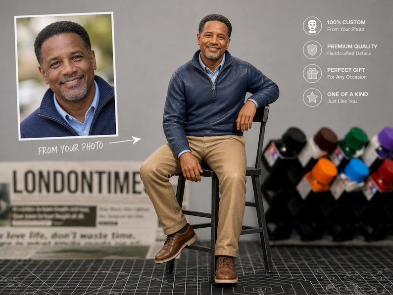 May include: A custom figurine of a man in a blue jacket and tan pants, seated on a black chair. The image includes a framed photo and text that reads "FROM YOUR PHOTO" and "LONDONTIME". Additional text highlights custom and premium quality.