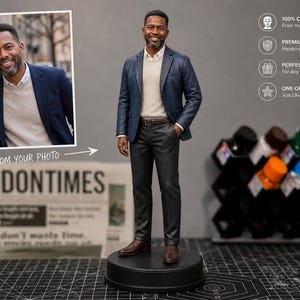 May include: A custom-made figurine of a man in a navy blazer, cream sweater, and black pants, standing on a black base. The image includes a photo of the man and text that reads "FROM YOUR PHOTO" and "LONDONTIMES". Additional text states "100% CUSTOM", "PREMIUM QUALITY", "PERFECT GIFT", and "ONE OF A KIND".