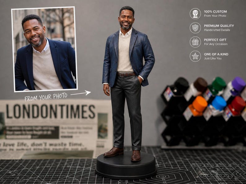 May include: A custom-made figurine of a man in a navy blazer, cream sweater, and black pants, standing on a black base. The image includes a photo of the man and text that reads "FROM YOUR PHOTO" and "LONDONTIMES". Additional text states "100% CUSTOM", "PREMIUM QUALITY", "PERFECT GIFT", and "ONE OF A KIND".