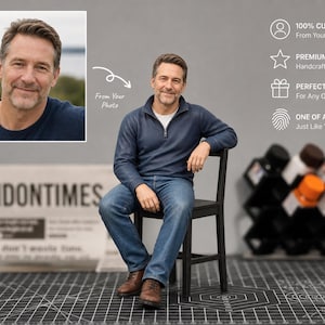 May include: A man in a blue zip-up sweater and jeans sits on a black chair. A photo of the man is in the upper left corner. Text on the right says "100% Custom", "Premium Quality", "Perfect Gift", and "One of a Kind".
