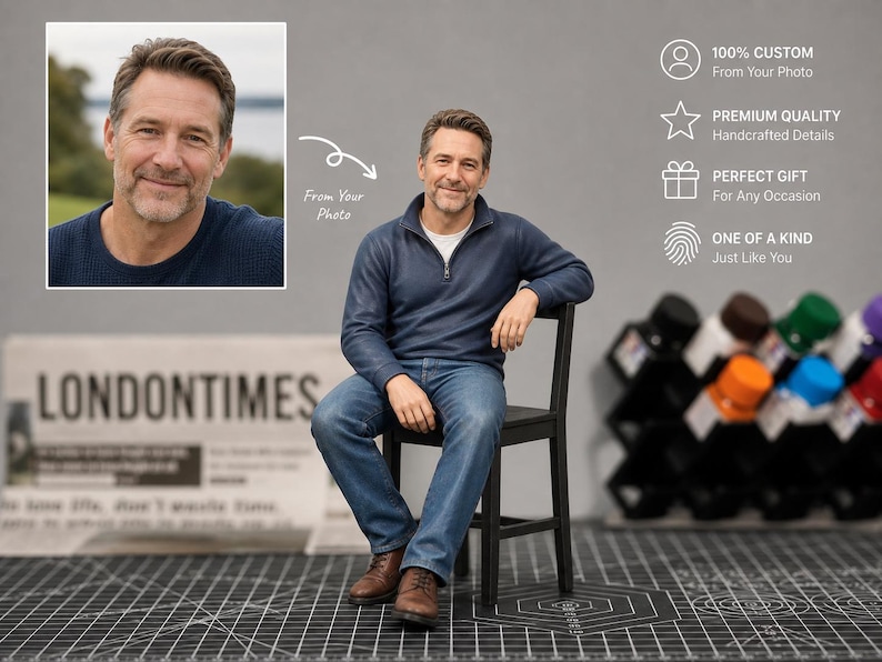 May include: A man in a blue zip-up sweater and jeans sits on a black chair. A photo of the man is in the upper left corner. Text on the right says "100% Custom", "Premium Quality", "Perfect Gift", and "One of a Kind".