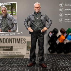 May include: A custom-made figurine of a man in a gray jacket, dark shirt, and black pants, with brown shoes. The figurine is posed with hands on hips. The image includes a photo of the man and text that reads "FROM YOUR PHOTO" and "LONDONTIMES".