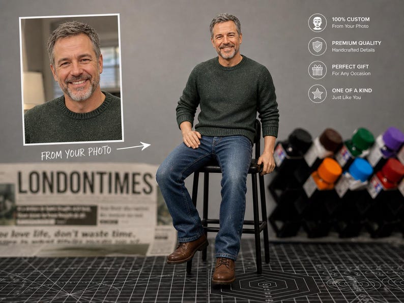 May include: A custom figurine of a man in a green sweater and blue jeans, seated on a black stool. The image includes a framed photo and text that reads "FROM YOUR PHOTO" and "LONDONTIMES". Additional text highlights custom and handcrafted details.