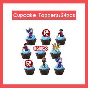 Roblox födelsedagsfesttillbehör, banderoll, ballonger, bakgrund, tårtdekoration, porslin, Roblox festdekorationssats för barn, pojkar, speltemafest Cupcake Topper-24pcs