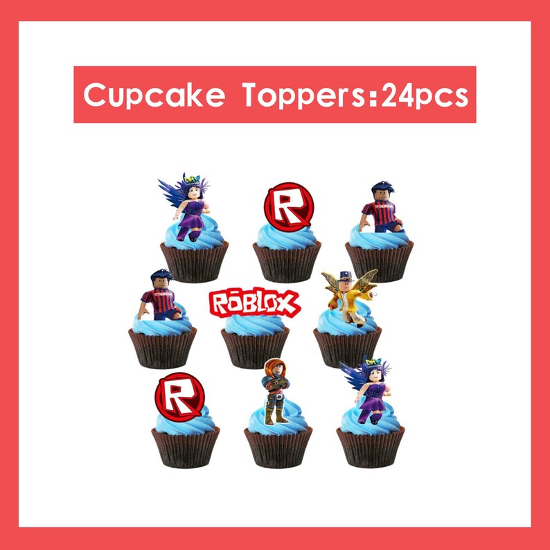 Roblox födelsedagsfesttillbehör, banderoll, ballonger, bakgrund, tårtdekoration, porslin, Roblox festdekorationssats för barn, pojkar, speltemafest Cupcake Topper-24pcs