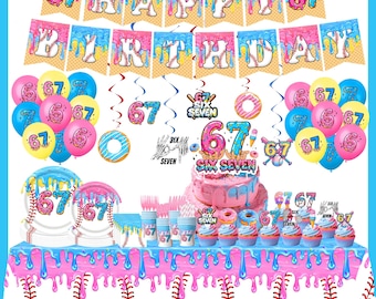 Decoración para fiesta de cumpleaños inspirada en el Six Seven: pancarta, adorno para tarta, globo, fondo, mantel, vajilla, suministros para fiesta de cumpleaños infantil, decoración para el 6/7