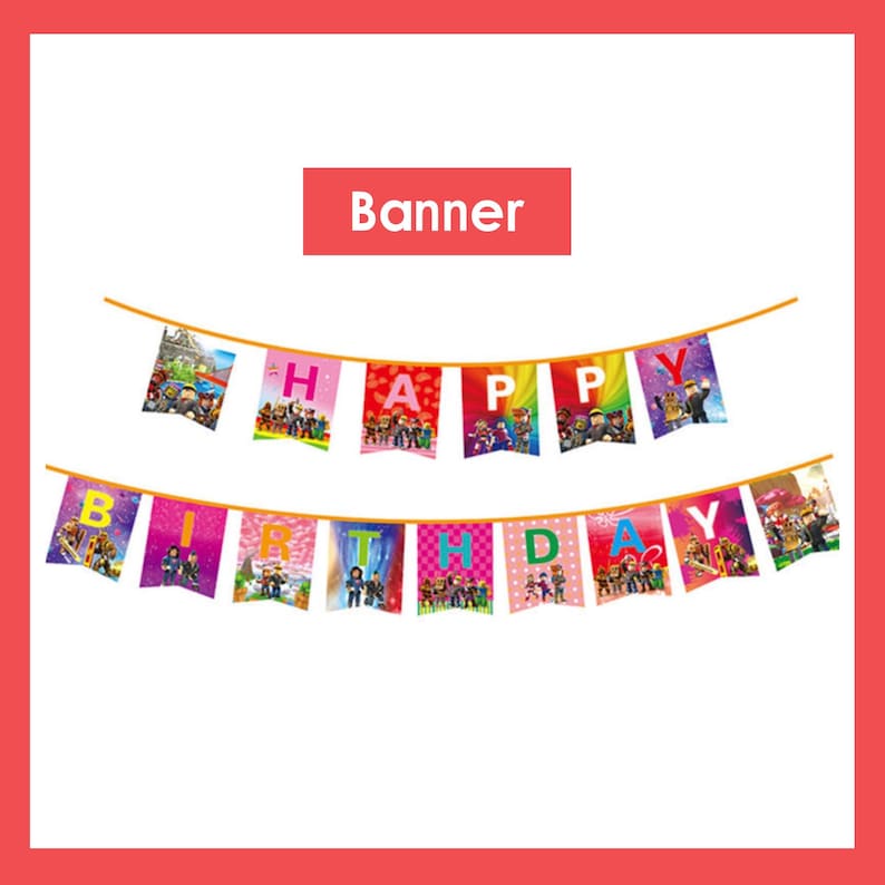 Roblox födelsedagsfesttillbehör, banderoll, ballonger, bakgrund, tårtdekoration, porslin, Roblox festdekorationssats för barn, pojkar, speltemafest Banner