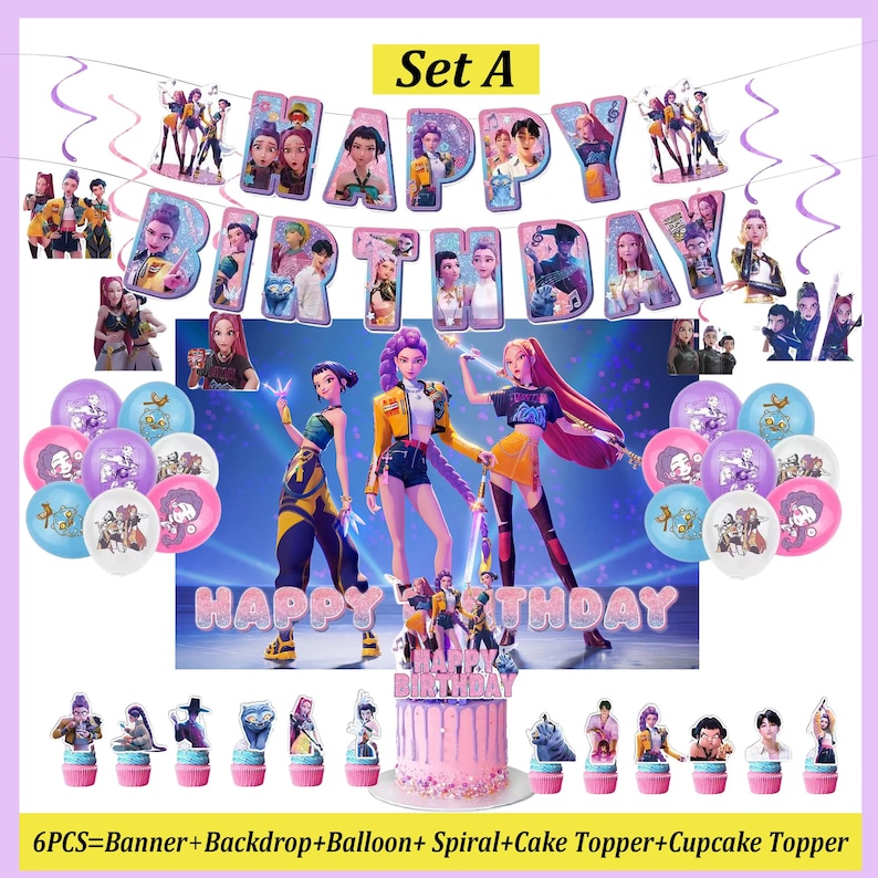 Kp*p Demon Hun*ers Birthday Party Decor, Banner, Cake Topper, Balloons ...
