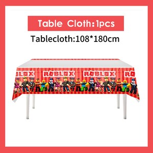 Roblox födelsedagsfesttillbehör, banderoll, ballonger, bakgrund, tårtdekoration, porslin, Roblox festdekorationssats för barn, pojkar, speltemafest Table Cloth