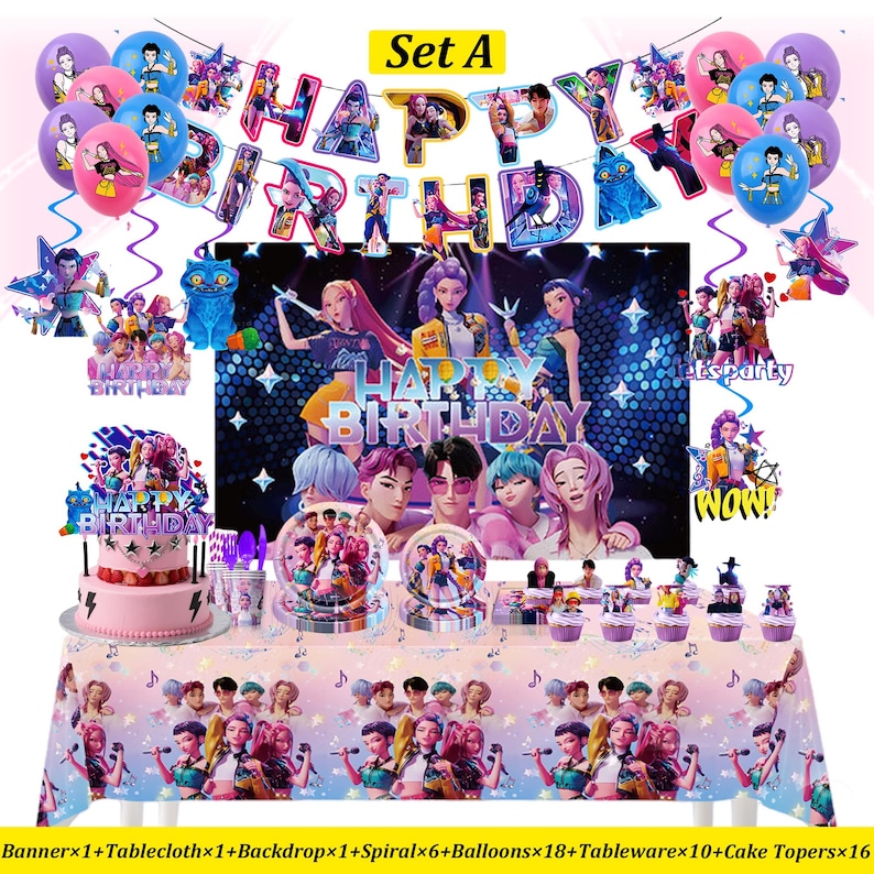 Puede incluir: Un conjunto de decoraci&oacute;n para fiestas con una pancarta de "Happy Birthday", globos y vajilla. El conjunto presenta un esquema de color rosa y morado con personajes de dibujos animados. Incluye una tarta, un mantel y adornos para cupcakes.