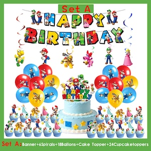 S*per M*rio födelsedagsfestdekorationer, M*rio-tema banderoll tårtdekoration ballonger bordsservis, barnfödelsedagsfesttillbehör, spelfansfestdekorationer Set A