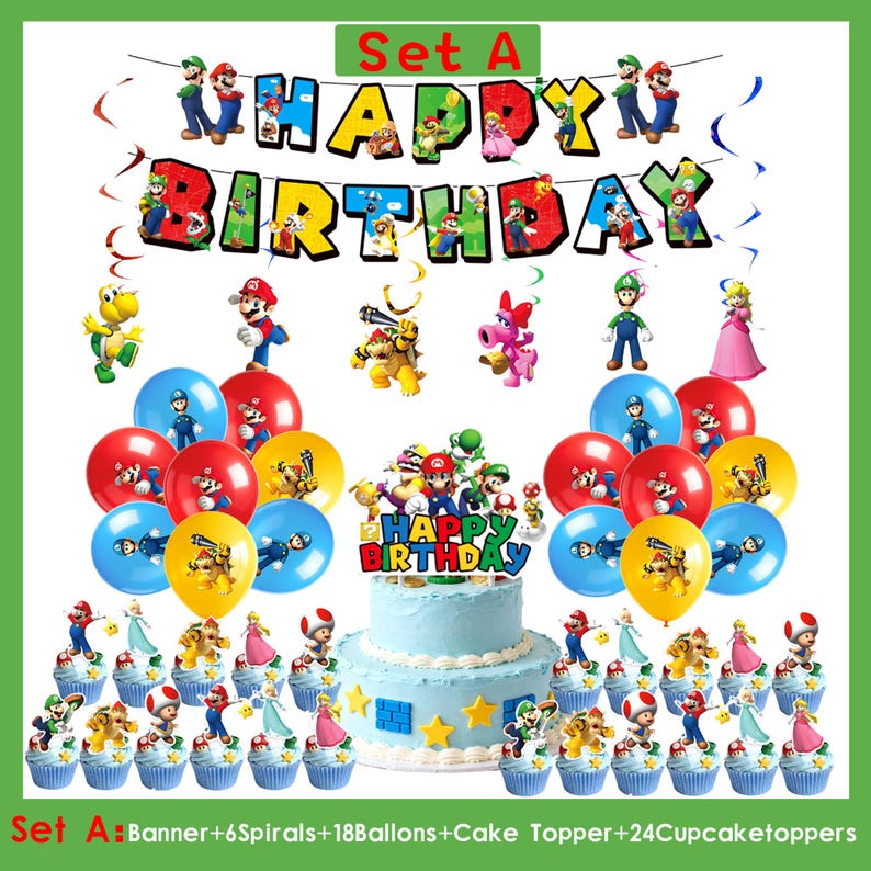 S*per M*rio födelsedagsfestdekorationer, M*rio-tema banderoll tårtdekoration ballonger bordsservis, barnfödelsedagsfesttillbehör, spelfansfestdekorationer Set A