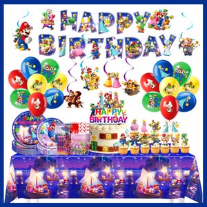 Decoraciones para fiesta de cumpleaños con temática de Super Mario: pancarta, adorno para pastel, globos, mantel, platos y vajilla, artículos para fiestas de cumpleaños infantiles. imagen 1