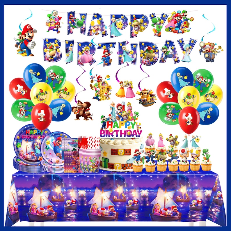 Decoraciones para fiesta de cumpleaños con temática de Super Mario: pancarta, adorno para pastel, globos, mantel, platos y vajilla, artículos para fiestas de cumpleaños infantiles. imagen 1