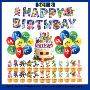 Puede incluir: Un conjunto de decoraci&oacute;n para fiestas de cumplea&ntilde;os con una pancarta con la frase "Happy Birthday", globos, una tarta con un adorno y cupcakes con adornos de personajes. El conjunto incluye personajes de un videojuego popular.