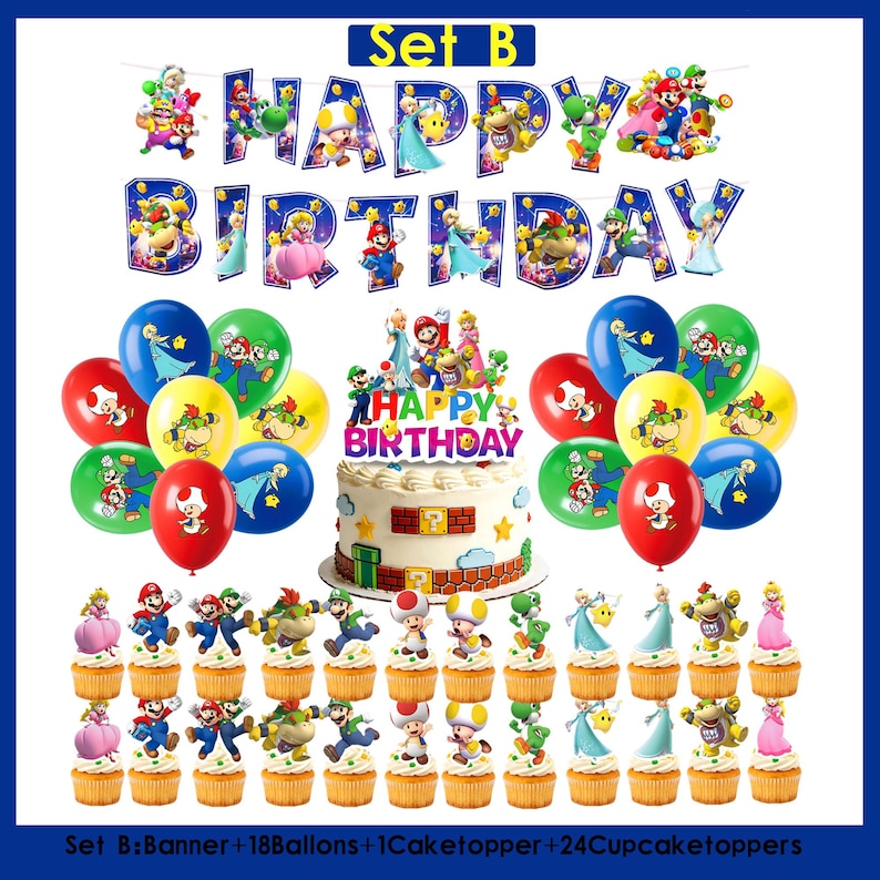 Puede incluir: Un conjunto de decoraci&oacute;n para fiestas de cumplea&ntilde;os con una pancarta con la frase "Happy Birthday", globos, una tarta con un adorno y cupcakes con adornos de personajes. El conjunto incluye personajes de un videojuego popular.