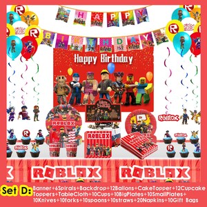 Roblox födelsedagsfesttillbehör, banderoll, ballonger, bakgrund, tårtdekoration, porslin, Roblox festdekorationssats för barn, pojkar, speltemafest Set D