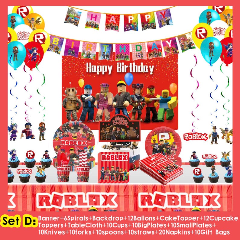 Roblox födelsedagsfesttillbehör, banderoll, ballonger, bakgrund, tårtdekoration, porslin, Roblox festdekorationssats för barn, pojkar, speltemafest Set D