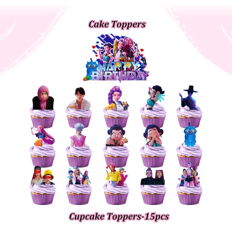 Puede incluir: Un conjunto de 15 adornos para cupcakes con varios dise&ntilde;os de personajes. Cada cupcake est&aacute; cubierto con glaseado blanco y una imagen de personaje. La imagen tambi&eacute;n incluye un adorno para pastel con el texto "Happy Birthday".