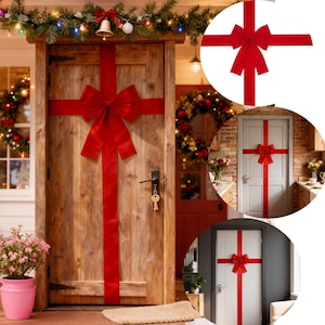 May include: A wooden door decorated with a large red bow and ribbon, resembling a wrapped gift. The door has a key and is surrounded by Christmas decorations, including a wreath and garland with lights. Additional images show similar door decorations.