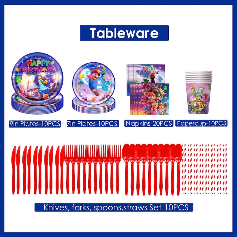 Decoraciones para fiesta de cumpleaños con temática de Super Mario: pancarta, adorno para pastel, globos, mantel, platos y vajilla, artículos para fiestas de cumpleaños infantiles. imagen 7