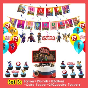 Roblox födelsedagsfesttillbehör, banderoll, ballonger, bakgrund, tårtdekoration, porslin, Roblox festdekorationssats för barn, pojkar, speltemafest Set B