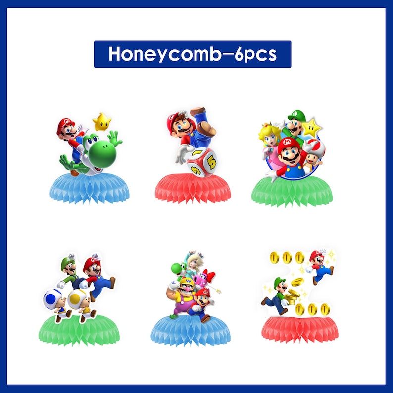 Decoraciones para fiesta de cumpleaños con temática de Super Mario: pancarta, adorno para pastel, globos, mantel, platos y vajilla, artículos para fiestas de cumpleaños infantiles. Honeycomb-6pcs