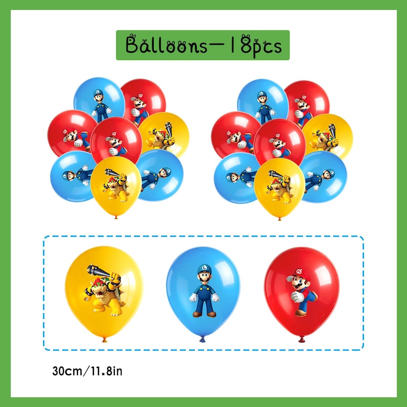 S*per M*rio födelsedagsfestdekorationer, M*rio-tema banderoll tårtdekoration ballonger bordsservis, barnfödelsedagsfesttillbehör, spelfansfestdekorationer Balloons-18pcs