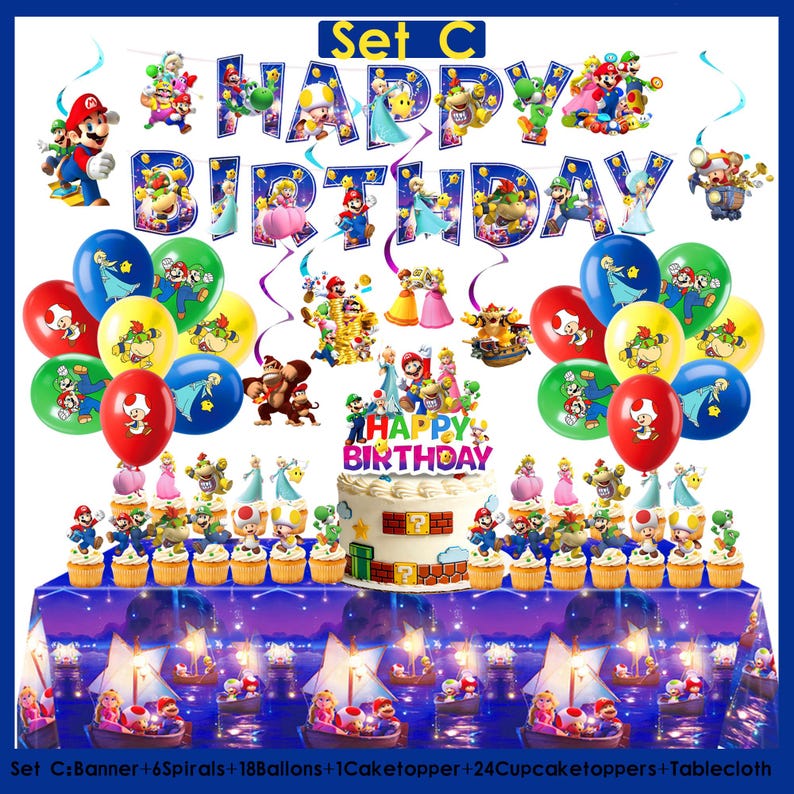 Puede incluir: Un colorido juego de decoraci&oacute;n de cumplea&ntilde;os con una pancarta que dice "Happy Birthday". El juego incluye globos, adornos para cupcakes, un adorno para pastel y un mantel, todos con dise&ntilde;os de personajes de dibujos animados.