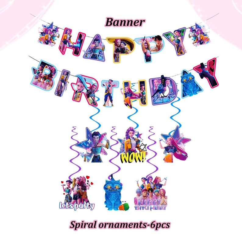 Puede incluir: Un conjunto de decoraci&oacute;n para fiestas de cumplea&ntilde;os con una pancarta que dice "HAPPY BIRTHDAY" e ilustraciones de personajes. Incluye adornos en espiral con el texto "WOW!" y "let's party". El conjunto est&aacute; dise&ntilde;ado con una combinaci&oacute;n de colores rosa y azul.