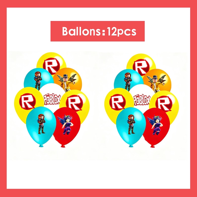 Roblox födelsedagsfesttillbehör, banderoll, ballonger, bakgrund, tårtdekoration, porslin, Roblox festdekorationssats för barn, pojkar, speltemafest Balloons-12pcs