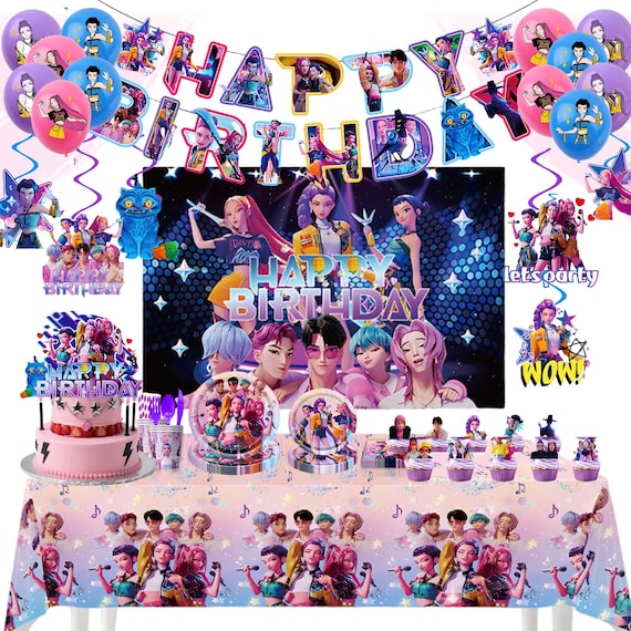 Kp*p Demon Hun*ers Birthday Party Decor, Banner, Cake Topper, Balloons, Tablecloth, Backdrop, T ableware, Paper Cup,Kids Kp*p Party Supplies