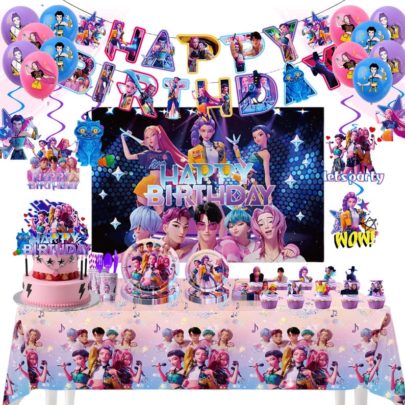 Puede incluir: Un conjunto de decoraci&oacute;n para fiestas de cumplea&ntilde;os con un mantel rosa, globos, pastel y pancartas. El conjunto incluye una pancarta de 'Feliz Cumplea&ntilde;os', globos tem&aacute;ticos de personajes y un pastel con una decoraci&oacute;n. La combinaci&oacute;n de colores es predominantemente rosa, morado y azul.