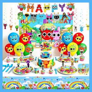 May include: A birthday party set featuring a backdrop with colorful cartoon characters and the text HAPPY BIRTHDAY. Includes a two-tier cake, matching plates, paper cups, and balloons in red, blue, green, and yellow, all decorated with character graphics.