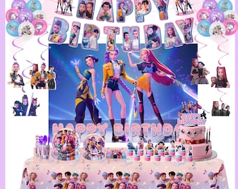 Decoración para fiesta de cumpleaños de Kp*p Demon Hun*ers: pancarta, adorno para pastel, globos, mantel, telón de fondo, vajilla, vasos de papel, artículos para fiestas infantiles de Kp*p
