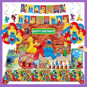 May include: A vibrant Sesame Street birthday party set. Features balloons, banners with "Happy Birthday" text, character cutouts, plates, cups, a cake, and cupcakes. The colour scheme is predominantly red, blue, yellow, and orange.