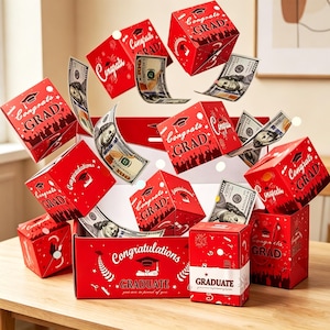 Könnte beinhalten: Eine rote Geschenkbox mit der Aufschrift "Congratulations GRADUATE" und mehrere kleinere rote Boxen mit dem Text "Congrats GRAD". Geldscheine fliegen aus der Box und erzeugen ein festliches Abschluss-Thema.