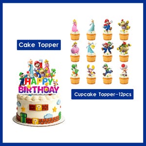 Puede incluir: Una tarta blanca con un adorno de pastel "Feliz Cumplea&ntilde;os" colorido con personajes de dibujos animados. La imagen tambi&eacute;n muestra 12 cupcakes con adornos de personajes. El texto "Cake Topper" y "Cupcake Topper-12pcs" son visibles.
