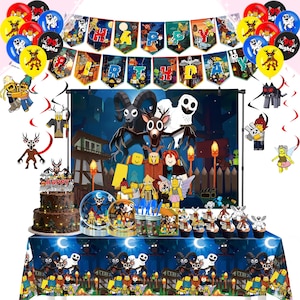 May include: A party decoration set featuring a dark blue tablecloth with cartoon characters, a banner that says "Happy Birthday", balloons, a cake, cupcakes, and other party supplies. The theme is a spooky cartoon.