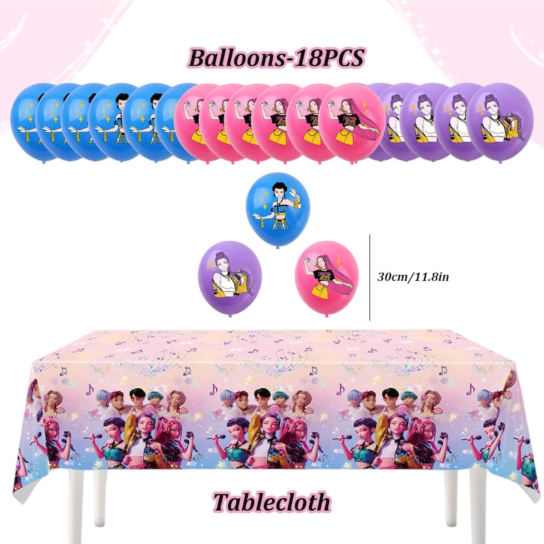 Puede incluir: Un juego de decoraci&oacute;n para fiestas con un mantel y globos. Los globos son azules, rosas y morados, cada uno con una imagen de dibujos animados. El mantel est&aacute; impreso con un grupo de cantantes y notas musicales. El texto "Balloons-18PCS" y "Tablecloth" son visibles.