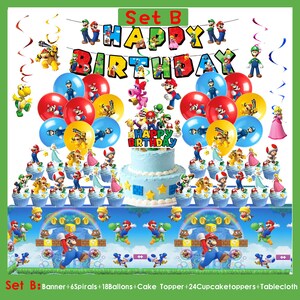 S*per M*rio födelsedagsfestdekorationer, M*rio-tema banderoll tårtdekoration ballonger bordsservis, barnfödelsedagsfesttillbehör, spelfansfestdekorationer Set B