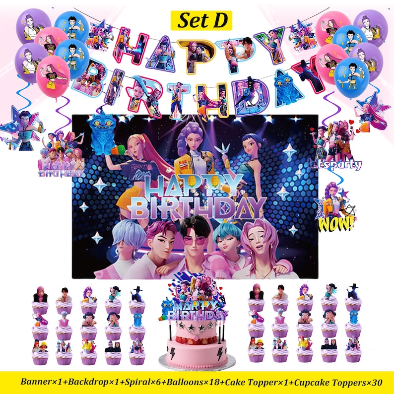 Puede incluir: Un conjunto de decoraci&oacute;n para fiestas de cumplea&ntilde;os que incluye una pancarta, un tel&oacute;n de fondo, globos, un adorno para pastel y cupcakes. El conjunto incluye un pastel rosa con un adorno, cupcakes con figuras de personajes y globos con ilustraciones de personajes.