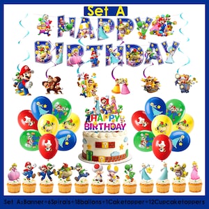 Decoraciones para fiesta de cumpleaños con temática de Super Mario: pancarta, adorno para pastel, globos, mantel, platos y vajilla, artículos para fiestas de cumpleaños infantiles. Set A