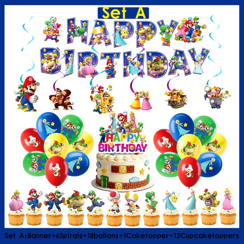 Decoraciones para fiesta de cumpleaños con temática de Super Mario: pancarta, adorno para pastel, globos, mantel, platos y vajilla, artículos para fiestas de cumpleaños infantiles. Set A