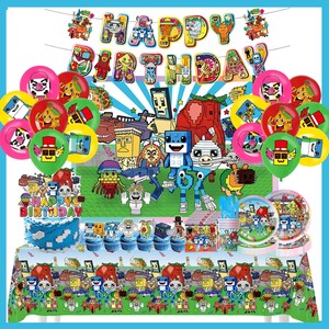 May include: A colorful birthday party scene with balloons, a cake, cupcakes, and a table setting. The decorations feature pixelated cartoon characters and the words "Happy Birthday". The color scheme includes blue, green, red, and yellow.