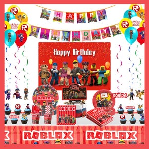 Roblox födelsedagsfesttillbehör, banderoll, ballonger, bakgrund, tårtdekoration, porslin, Roblox festdekorationssats för barn, pojkar, speltemafest bild 1
