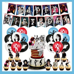 May include: A Michael Jackson themed birthday party set including a pennant banner spelling HAPPY BIRTHDAY, assorted red, blue, black, and white balloons with silhouettes, a tiered cake topper with musical notes, and cupcake toppers featuring images.