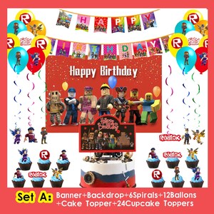 Roblox födelsedagsfesttillbehör, banderoll, ballonger, bakgrund, tårtdekoration, porslin, Roblox festdekorationssats för barn, pojkar, speltemafest Set A