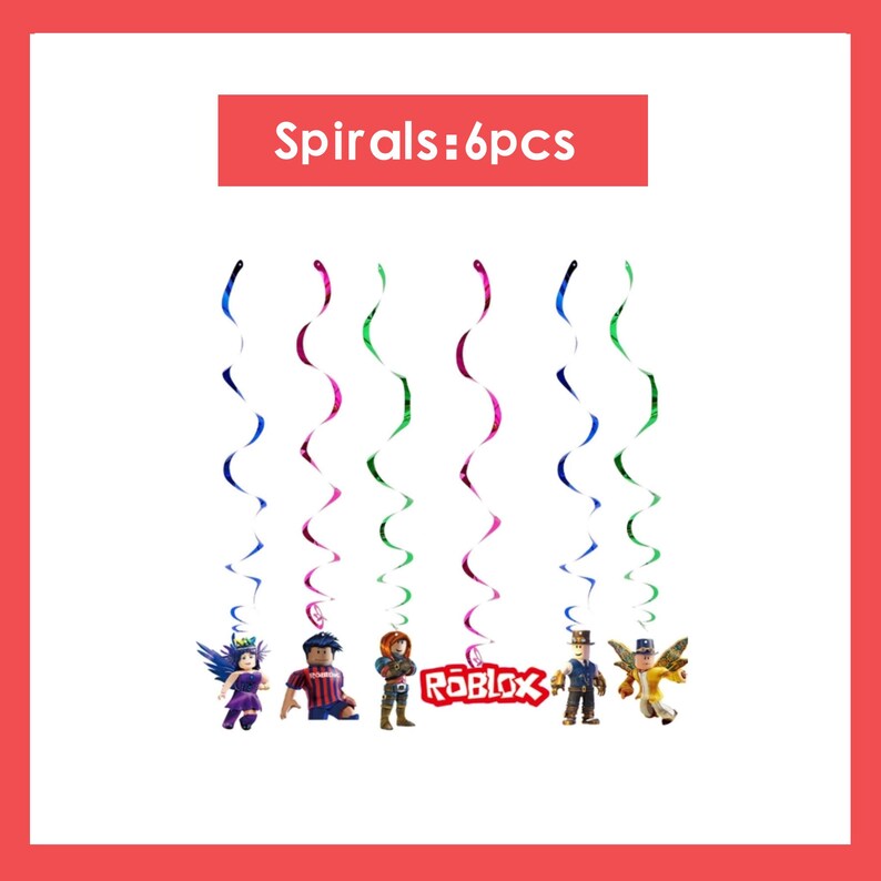 Roblox födelsedagsfesttillbehör, banderoll, ballonger, bakgrund, tårtdekoration, porslin, Roblox festdekorationssats för barn, pojkar, speltemafest Spiral-6pcs